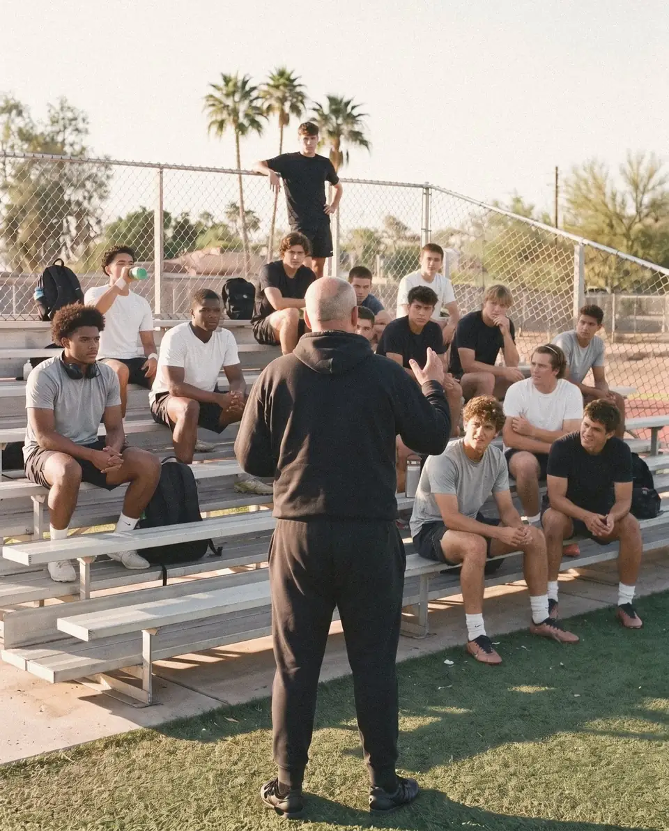 Kenny Laird coaching a group of players seated on the bleachers